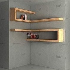 two wooden shelves in the corner of a room, with books on each shelf and one empty bookcase