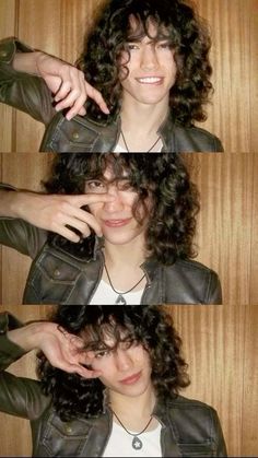 two pictures of a young man with curly hair, wearing a leather jacket and white t - shirt