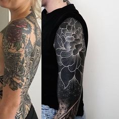 two different tattoos on one arm and the other half sleeve with an image of flowers