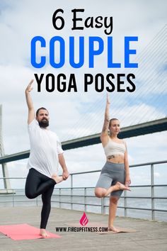 two people doing yoga poses with the words 6 easy couple yoga poses in front of them