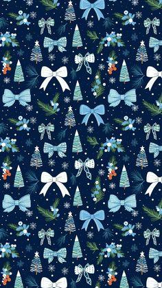 a blue christmas pattern with bows and snowflakes on the side, in front of a dark background