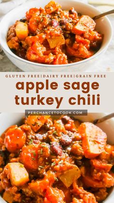 Flavorful Apple Sage Turkey Chili. Gluten-free, Dairy-free, & Grain-free Fall chili recipe. Ground Turkey And Apple Recipe, Ground Turkey Apple Recipes, Apple Chili Recipe, Turkey Chili With Sweet Potatoes, Clean Fall Recipes, Different Kinds Of Chili, Cozy Autumn Soup, Ground Turkey Fall Recipes, Fall Chilli Recipes