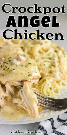 crockpot angel chicken on a white plate with a fork