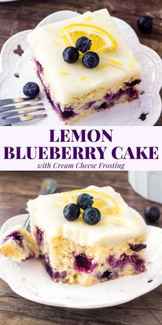 lemon blueberry cake with cream cheese frosting is on a white plate and the rest of the cake has been cut in half