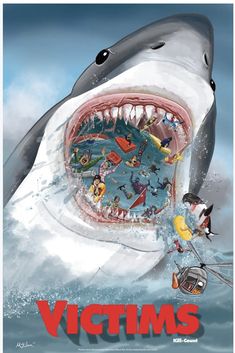 a cartoon shark with people in it's mouth and the words victims above it