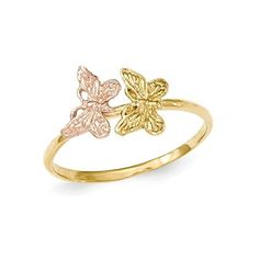 Two cute butterflies in rose pink and yellow gold flutter across the 14 karat yellow gold band of this nature motif ring. Ladies 14K Yellow and Pink Two-Tone Polished Butterfly Ring Size: 7.  Gender: female.  Age Group: adult. 14k Yellow Gold Butterfly Ring Gift, Elegant Yellow Gold Butterfly Ring With Cubic Zirconia, Pink Butterfly Ring, Gold Butterfly Ring With Butterfly Charm, Yellow Gold Butterfly Ring With Butterfly Charm, Nature Motifs, Butterfly Ring, Cute Butterfly, Yellow And Pink