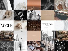 a collage of photographs with the words prada written in black and white on them