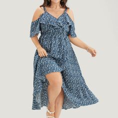 Bloomchic Ditsy Floral Cold Shoulder Midi Dress Greece Clothes, Trip Goals, Ruffle Sleeves Pattern, Drip Ideas, Fix Clothing, Event Attire, Shoulder Ruffle Dress, Boho Country, Plus Size Summer Outfit