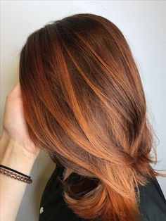 Chocolate And Copper Hair Color, Straight Copper Balayage, Copper Highlights Straight Hair, Reverse Balayage Blonde To Copper, Copper Balayage Brunette Straight, Copper Hair With Brown Roots, Ombre Hair Copper, Copper Hair Straight, Copper Balayage Straight Hair