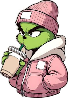 the grinch is drinking from a cup and wearing a pink jacket with a hoodie on