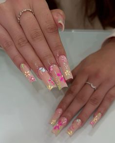 Flowers With Rhinestones Nails, Multicolor Flower Nails, Spring Nail Inspiration 2024, Spring Nails Long Acrylic, Pink Floral Acrylic Nails, Mexico Aesthetic Nails, Unique Spring Acrylic Nails, March Acrylic Nails Designs, Nail Inspo 2024 Square