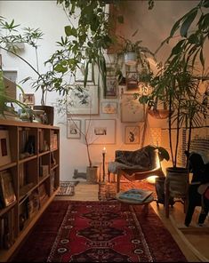 a living room filled with lots of plants next to a fire place and bookshelf