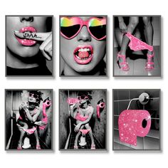 four pictures of women in pink and black