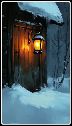 a painting of a light in front of a cabin door with snow on the ground