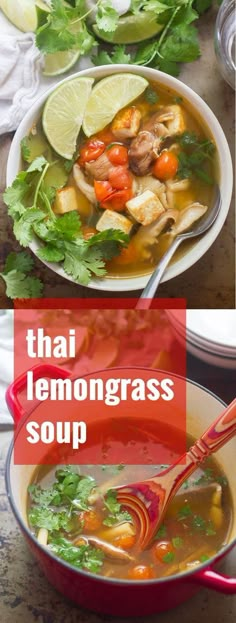 thai lemongrass soup in a red bowl with limes and cilantro on the side