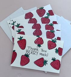 four thank you berry much cards with strawberries on the front and back, all in white envelopes