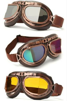 three different types of goggles are shown in this image, one is brown and the other is gold