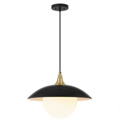 a black and gold pendant light hanging from a ceiling fixture on a white background with the lights turned off