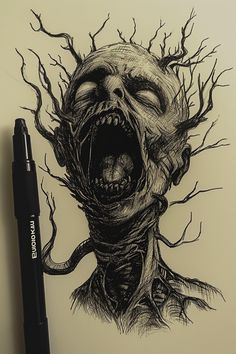 a pen drawing of a creepy face with its mouth open and branches growing out of it