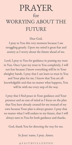 the prayer for praying about the future with pink background and black writing on it, which reads