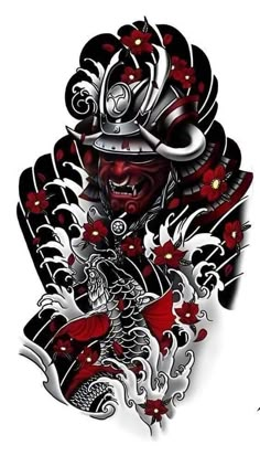 a drawing of a samurai with red flowers on his head