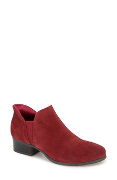 A soft suede bootie features stretchy gore panels for easy on-offs along with a cushioned footbed and a stacked block heel. 1 1/2" heel 4 1/2" shaft; 6 1/2" calf circumference Cushioned insole Leather and textile upper/synthetic lining/rubber sole Imported Red Ankle Boots, Red Suede, Kenneth Cole Reaction, Ankle Bootie, Suede Booties, Soft Suede, Kenneth Cole, Boot Shoes Women, Ankle Booties