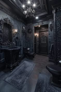 Gothic Bathroom Aesthetic, Dark Eclectic Bathroom, Gothic Flooring, Black Gothic House, Gothic Interior Design Modern, Goth Bathroom Ideas, Bathroom Goth, Victorian Gothic Bathroom, Gothic Chic Decor