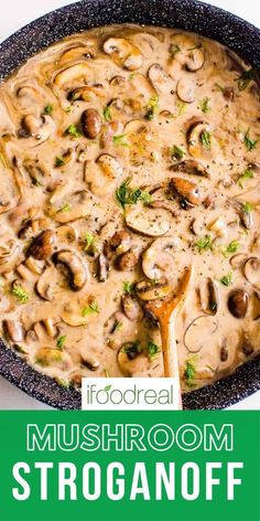 mushroom stroganonoff in a skillet with text overlay that reads