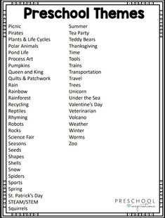 the printable preschool themes list