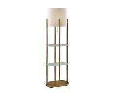 Russo Shelf Floor Lamp Brass - Scandinavian Designs Shelf Floor Lamp, Floor Lamp Styles, Floor Lamp With Shelves, Living Room Essentials, Black And White Fabric, Brass Floor Lamp, Curved Lines, Room Essentials, Lamp Bulb