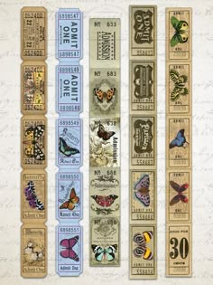 the bookmarks are decorated with different types of butterflies and numbers on them, all in blue