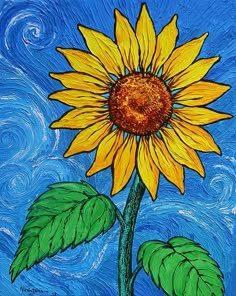 a painting of a yellow sunflower on a blue background with the word sis written below it