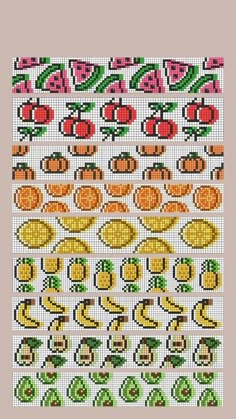 cross stitch pattern with fruit and vegetables in different colors, including oranges, apples, bananas