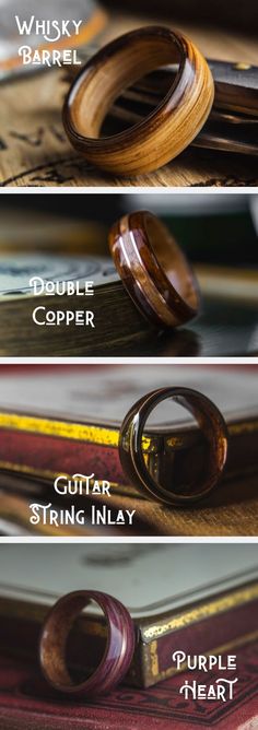 three different types of wooden rings on top of each other, with the names below them