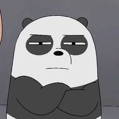 a cartoon panda is sitting down with his arms crossed