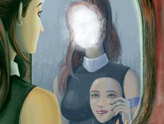 a painting of a woman looking at herself in the mirror with a light shining on her face