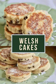 some pancakes are stacked on top of each other with the words, welsh cakes