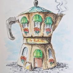 a drawing of a coffee pot with green umbrellas on it's roof and windows