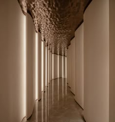 an empty hallway lined with white walls and columns in the center is lit by lights