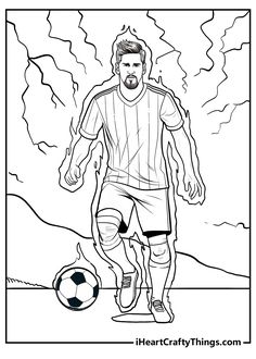 a coloring page with a soccer player in black and white, the image is an adult male