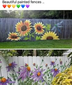 two pictures with sunflowers painted on the side of a fence and in front of a garden