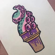 a drawing of an ice cream cone with octopus tentacles