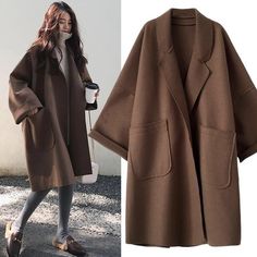 Elegant Woolen Trench Coat Winter for Women Vintage Windbreakers Jacket Mid-Length Loose Turn-Down C Oversized Long Brown Outerwear, Trench Coat Winter, Woolen Coat Woman, Vintage Windbreaker Jacket, Cozy Shawl, Streetwear Korean, Outfits Unique, Chic Coat, Winter Trench Coat