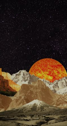 an image of the sun in the sky with mountains and stars around it, as well as snow capped mountains