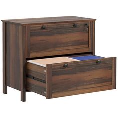 two wooden drawers with one drawer open and the other closed