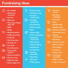 the four color options for fundraisers in different colors and font, including orange, blue,