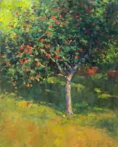 an oil painting of a tree with fruit on it's branches and green grass