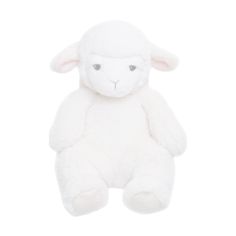 a white stuffed animal sitting up against a white background