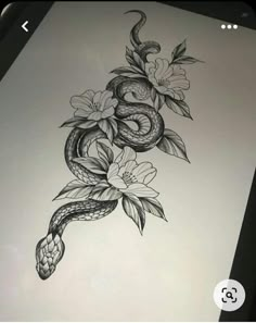 a drawing of a snake with flowers on it