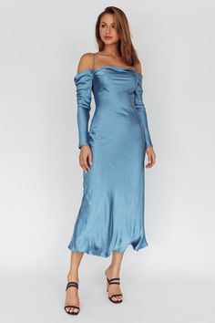 Shop the Ellory Long Sleeve Off-Shoulder Dress Blue | Selfie Leslie Light Blue Long Sleeve Dress, Blue Selfie, Selfie Leslie, Yellow Bridesmaids, Backless Blouse, Off Shoulder Fashion, Dress Inspo, Blue Bridesmaids, Iron Material